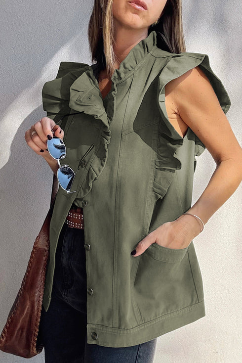 Ruffle Shoulder Detail Button Front Sleeveless Utility Vest